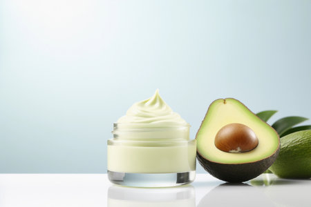 A glass jar of moisturizing cream with an avocado half and a whole avocado beside it. Generative AIの素材