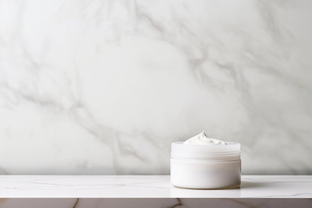 White cream jar sits on a marble surface in a modern bathroom, with a simple background of white marble. Generative AI.の素材