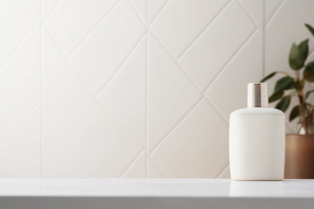 White perfume bottle with a silver cap sitting on a white countertop in a bathroom. Generative AIの素材