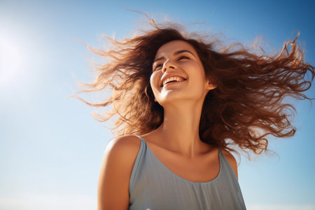 Woman with long, brown, curly hair is smiling broadly as she looks up at the sky on a sunny day. Generative AIの素材