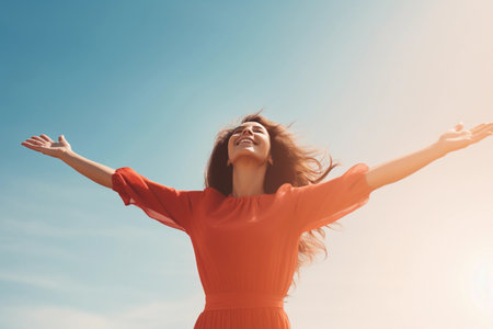 A young woman wearing a bright red dress stands with arms outstretched against a clear blue sky. AI generated.の素材