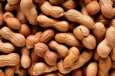 A pile of shelled peanuts, showing the detailed texture and shape of the nuts. Generative AIの素材