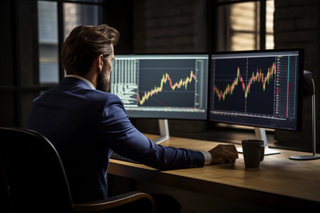 A businessman sits at a desk in a dimly lit office, intently focused on two computer monitors displaying stock market charts. Generative AIの素材