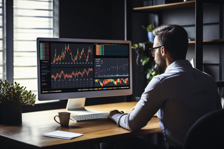 A man sits at a desk in a dimly lit office, intently focused on two computer monitors displaying stock market charts. Generative AIの素材