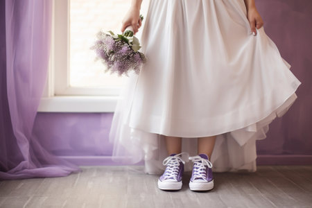 A bride standing by a window with a white wedding dress, a bouquet and purple sneakers. AI generated.の素材