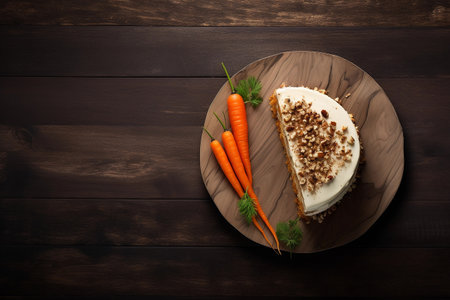 A slice of carrot cake sits on a wooden plate with three whole carrots beside it.の素材