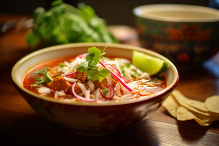 A bowl filled with Mexican pozole soup on the table. Generative AIの素材