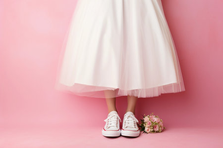 Bride wearing a white wedding dress and white sneakers stands on a pink background with a bouquet of flowers at her feet. Generative AIの素材