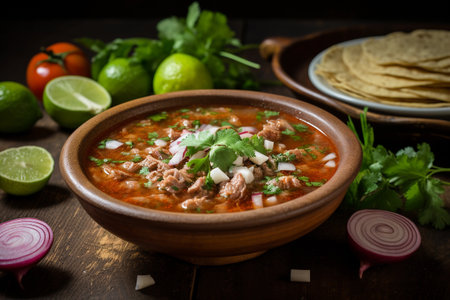 A bowl filled with Mexican pozole soup on the table. Generative AIの素材
