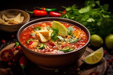 A close-up of a bowl of Mexican tortilla soup topped with tortilla chips, cilantro, and a lime wedge. Generative AIの素材