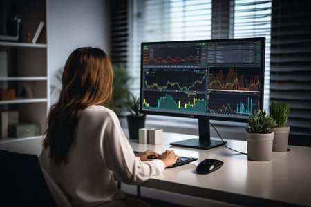 A woman sits at a desk, focused on a computer monitor displaying stock market data. AI generated.の素材