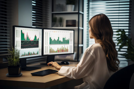 A woman sits at a desk in a modern office, focused on a computer monitors displaying stock market data. AI generated.の素材