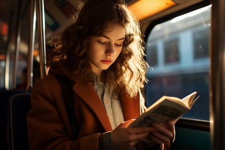 A young woman with long, curly brown hair sits on a public transit vehicle and reads a book. AI generated.の素材