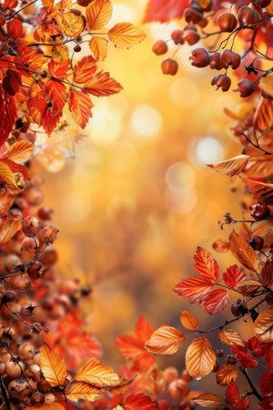Red and orange autumn leaves frame a sunny, blurred background, with a few berries visible on the branches. Generative AIの素材