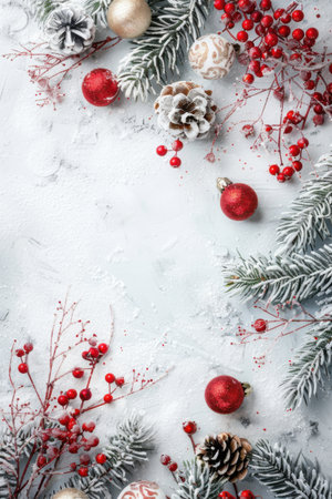 A snowy white surface is decorated with sprigs of pine, red berries, and Christmas ornaments. Generative AIの素材