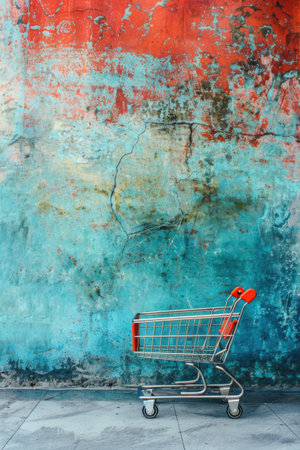 A red and blue weathered wall with a shopping cart in front of it. Generative AIの素材
