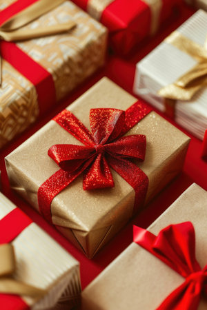 Several gifts wrapped in gold paper with red ribbons and bows are arranged on a red surface. Generative AIの素材