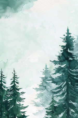 A watercolor painting depicting a lush evergreen forest with tall pine trees. Generative AIの素材