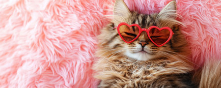 A fluffy cat with striking fur enjoys a calm moment wearing heart-shaped sunglasses. It is lounging comfortably on a soft pink surface in warm sunlight. Banner with copy space. Generative AIの素材