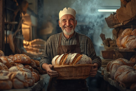 A smiling baker holds up loaves of bread in a bustling market. The warm atmosphere highlights the craftsmanship and joy of baking fresh goods for the community. Generative AIの素材
