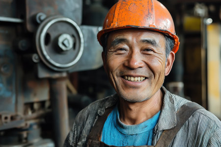 A cheerful worker stands in an industrial setting, dressed in a hard hat and work clothes. His smile reflects hard work and dedication to his job amidst large machinery. Generative AIの素材