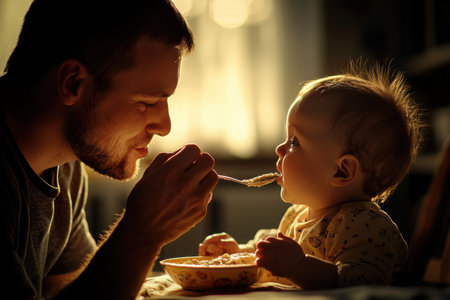 A father shares a tender moment with his baby, feeding them a meal in a softly lit room. The glow of the late afternoon sun fills the cozy indoor space. Generative AIの素材
