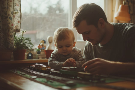 A father and his young child are focused on building a colorful model train set together in their cozy living room. Generative AIの素材