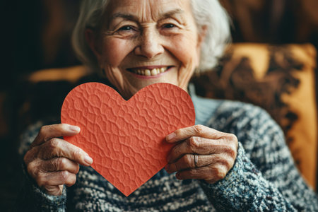 An elderly woman sits comfortably in her living room, wearing a knitted sweater. She holds a heart-shaped paper cutout and smiles warmly, creating a joyful atmosphere. Generative AIの素材