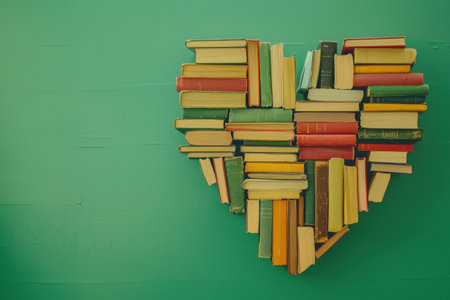 Colorful books are creatively stacked to form a heart shape against a bright green wall, showing a love for literature and reading. The arrangement invites a warm and friendly vibe. Generative AIの素材