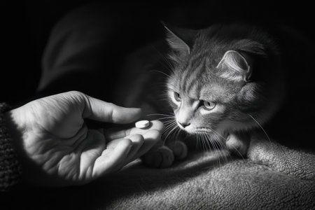 A curious cat examines a hand offering a small white pill in a dimly lit room. The scene highlights a moment of care and attention to the pet's needs. Generative AIの素材