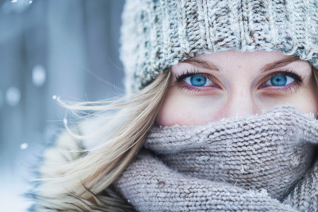 A woman stands in a snowy landscape, her bright blue eyes peeking out from under a warm hat and scarf. Snowflakes gently fall around her, creating a peaceful atmosphere. Generative AIの素材
