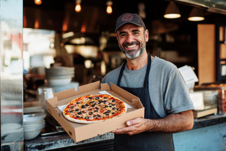 A smiling chef stands in a lively restaurant, proudly presenting a large pizza topped with black olives and colorful vegetables. Sunlight illuminates the inviting space. Generative AIの素材