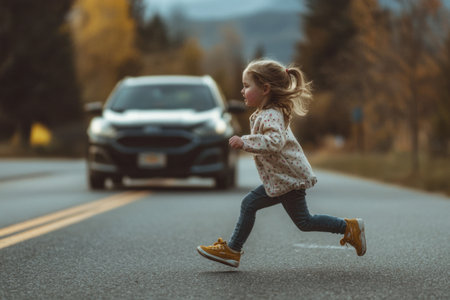 A little girl runs across a street in front of a moving car, surrounded by colorful autumn leaves. Generative AIの素材