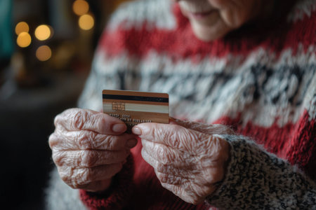 An elderly individual sits comfortably indoors, holding a credit card in their hands. Generative AIの素材