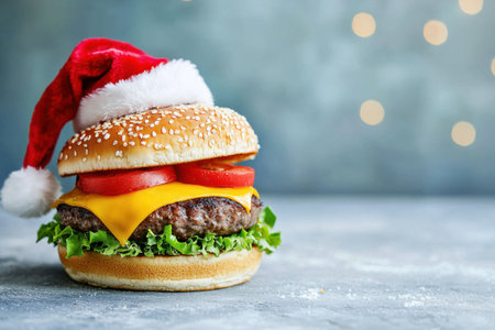 This cheeseburger features layers of beef patty, cheddar cheese, lettuce, and tomato, topped with a playful Santa hat. Christmas promotional offer Generative AIの素材