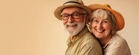 An elderly couple stands together, smiling and embracing with affection. They wear straw hats and casual clothing, reflecting a joyful moment shared in a carefree setting. Banner with copy space. Generative AIの素材
