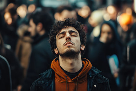A man stands in a crowded city street with his eyes closed and a peaceful expression. He appears to be taking a moment to relax amid the noise of the city. Generative AIの素材