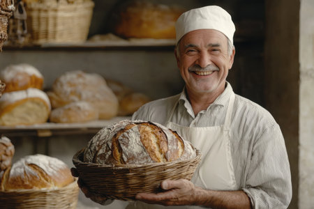 A smiling baker holds up loaves of bread in a bustling market. The warm atmosphere highlights the craftsmanship and joy of baking fresh goods for the community. Generative AIの素材