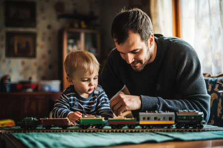 A father and his young child are focused on building a colorful model train set together in their cozy living room. Generative AIの素材