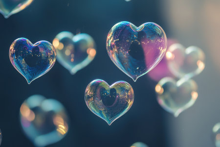 Heart-shaped bubbles drift gently through the air, reflecting light in vibrant colors. The joyful scene captures a whimsical moment of celebration and happiness. Generative AIの素材