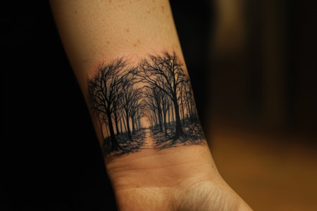 A detailed tattoo of tall trees wraps around a person's wrist, with a soft gradient in the background. Generative AIの素材