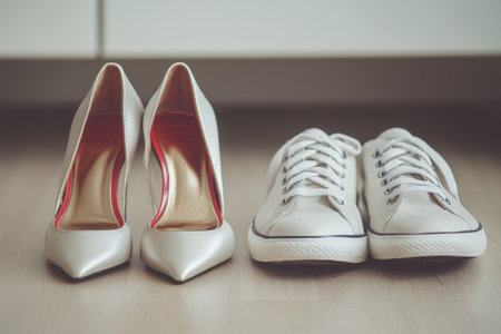 High heels and white sneakers are placed next to each other on a floor, showing two different styles of footwear. Generative AIの素材