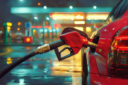 A vehicle is being refueled at a gas station at night. The bright lights of the station reflect off the car, creating a lively urban atmosphere. Generative AIの素材