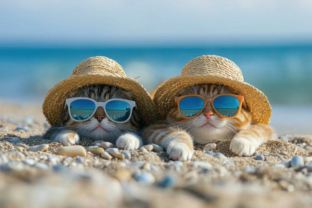 Two cats lie side by side, comfortably wearing straw hats and sunglasses as they enjoy the sunny beach atmosphere with gentle ocean waves in the background. Generative AI.の素材