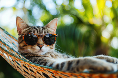 A relaxed tabby cat is comfortably lying in a hammock wearing stylish sunglasses. Generative AIの素材