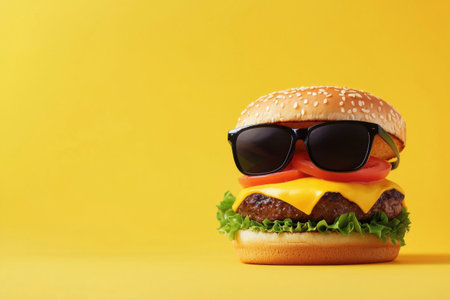 A cheeseburger wearing stylish black sunglasses sits against a bright yellow background. Generative AIの素材