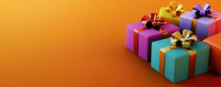 A vibrant collection of wrapped gift boxes in various colors and sizes sits together, adorned with shiny ribbons. This festive display is perfect for any special occasion. Generative AIの素材