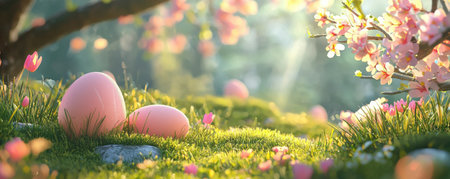 In a serene spring landscape, pink eggs are nestled in vibrant green grass surrounded by blooming cherry blossoms. Soft sunlight filters through the trees, creating a magical atmosphere. Easter banner. Generative AIの素材