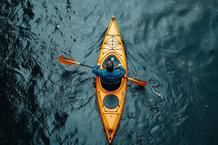 A person in a bright orange kayak navigates through dark, reflective waters. The serene environment highlights the beauty of outdoor adventure and water sports. Generative AIの素材