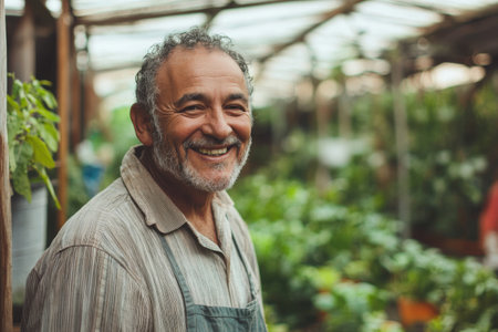 An elderly man with a warm smile stands inside a bright greenhouse, surrounded by a variety of thriving plants and greenery as he enjoys his work. Generative AIの素材
